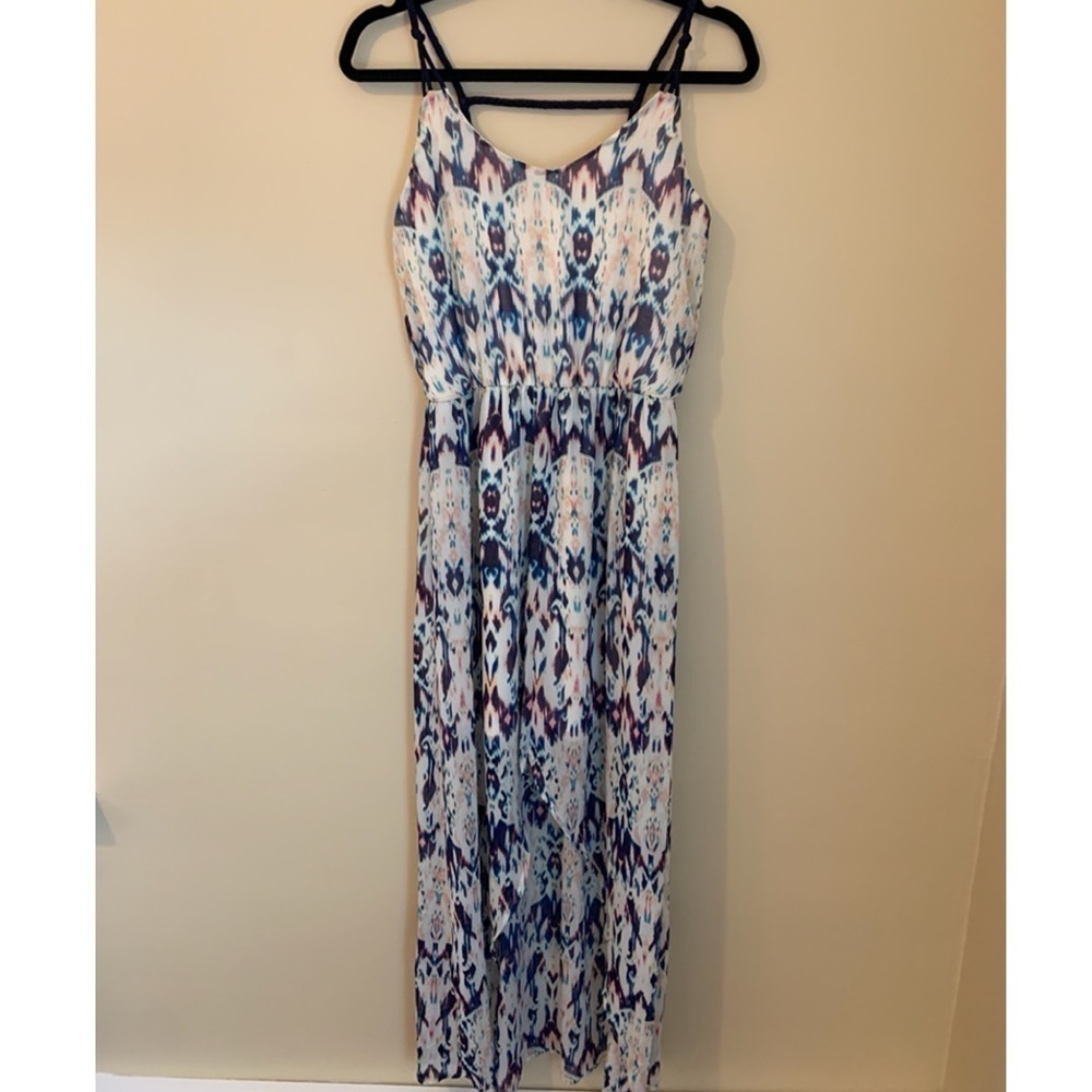 Xhiliration Pink & Blue Patterned High Low Dress